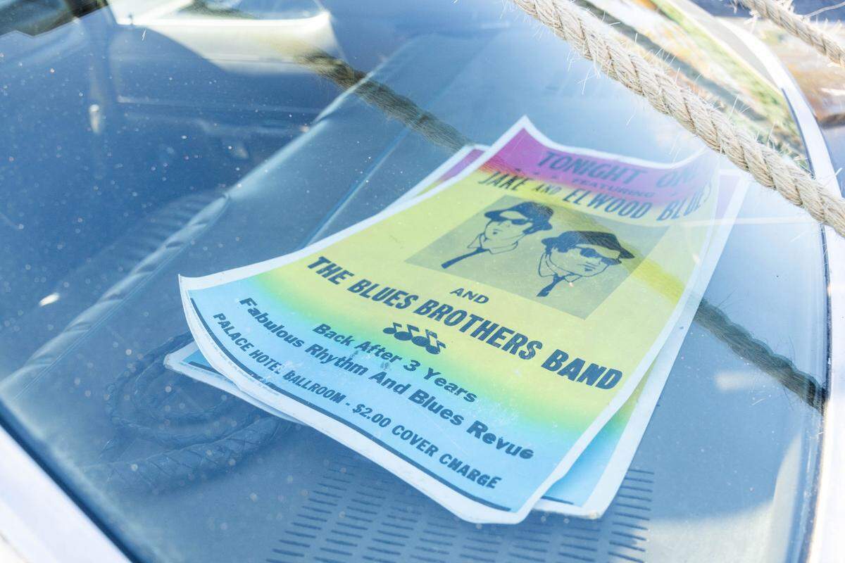Dameron’s Bluesmobile is accurate to the movie car right down to the concert fliers for a show at the Palace Hotel Ballroom by Jake and Elwood Blues in the rear dash of the car.