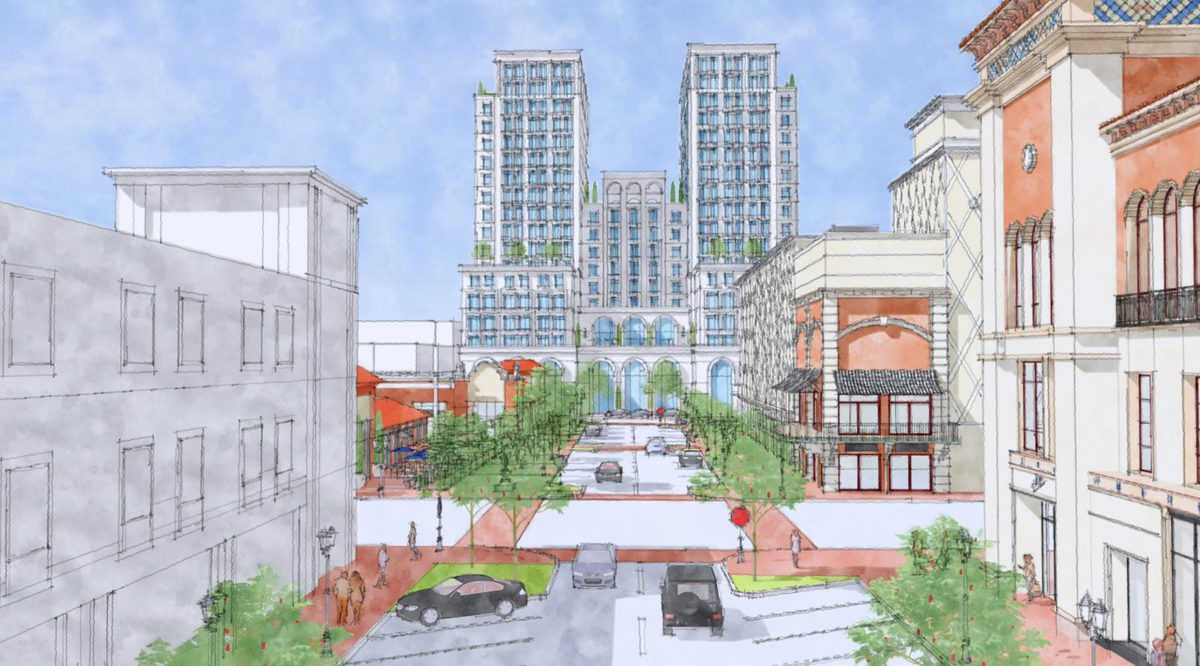 A rendering looking west on the Country Club Plaza toward where a Nordstrom store had been promised before the company pulled out. It shows a retail and office tower standing approximately 19 stories tall.