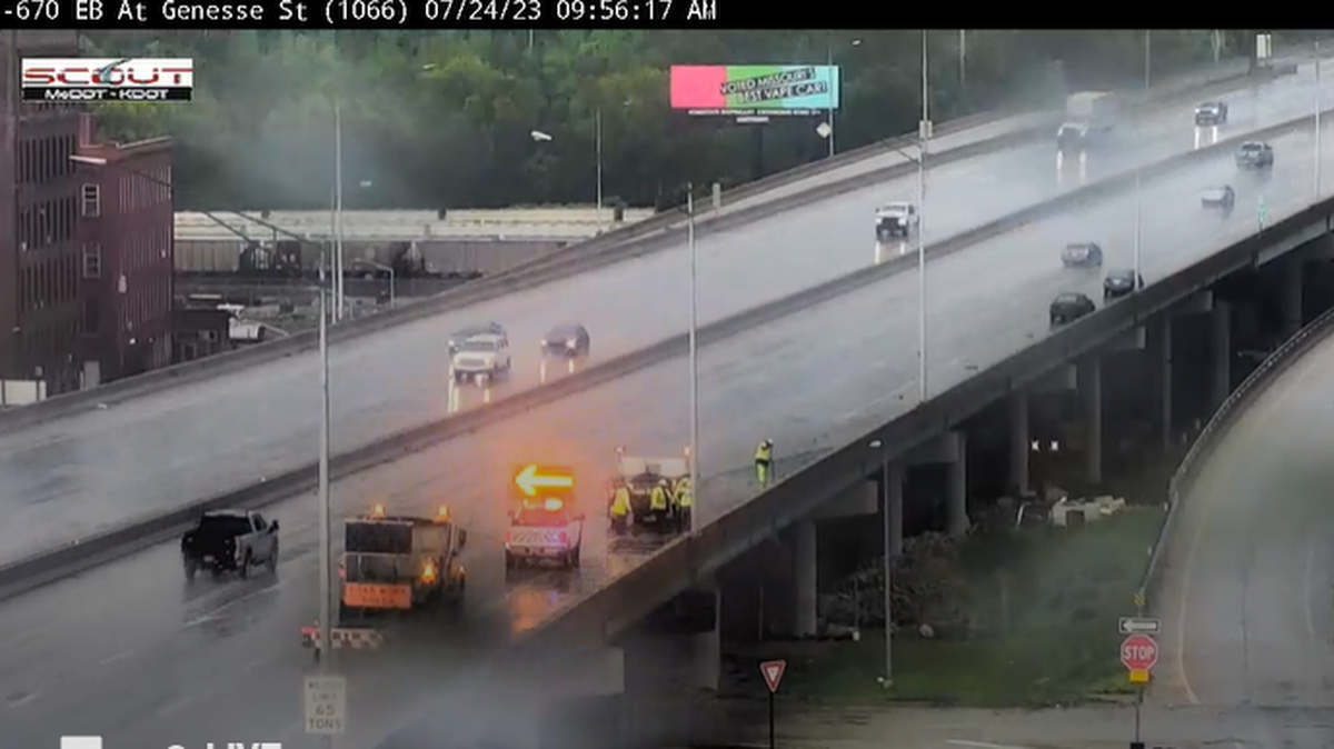 Some lanes of traffic closed due to flooding on Interstate 670 in Kansas City because of thunderstorms Monday morning.