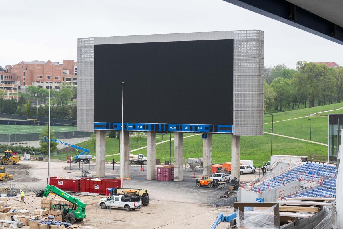 A massive new scoreboard is part of the renovations taking place at David Booth Kansas Memorial Stadium in Lawrence on Friday, April 25, 2025. The scoreboard is one of the largest in the area and has dual-sided use, so fans on the hill behind the scoreboard can look at it, too.
