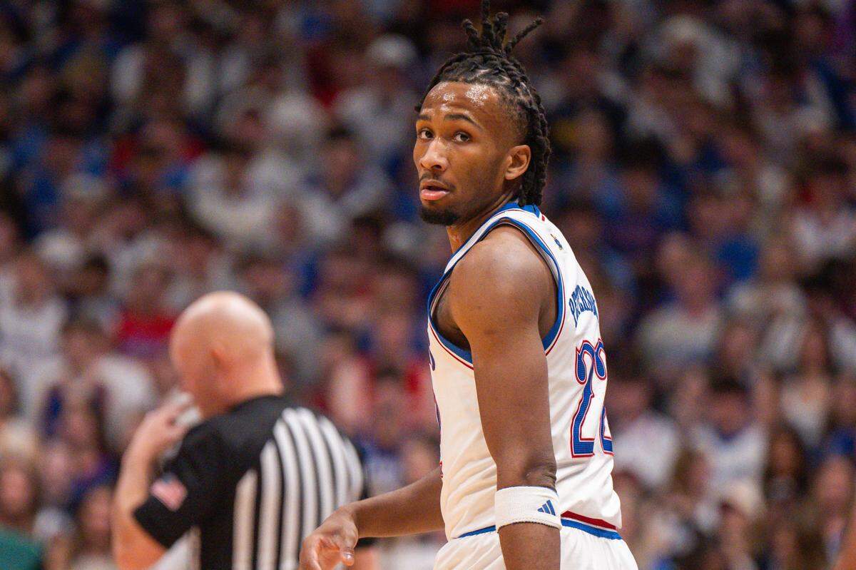 Kansas Jayhawks guard Darryn Peterson (22) gets back on defense during the first half vs. the Houston Cougars on Monday, February 23, 2026, at Allen Fieldhouse.