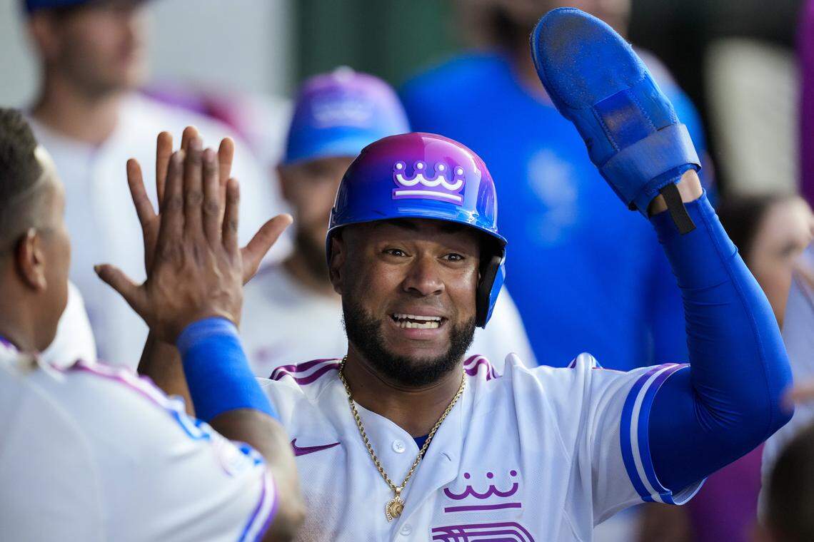 Elias Díaz #43 of the Kansas City Royals is congratulated by teammates after scoring a run during the fourth inning against the Los Angeles Angels at Kauffman Stadium on April 24, 2026 in Kansas City, Missouri.