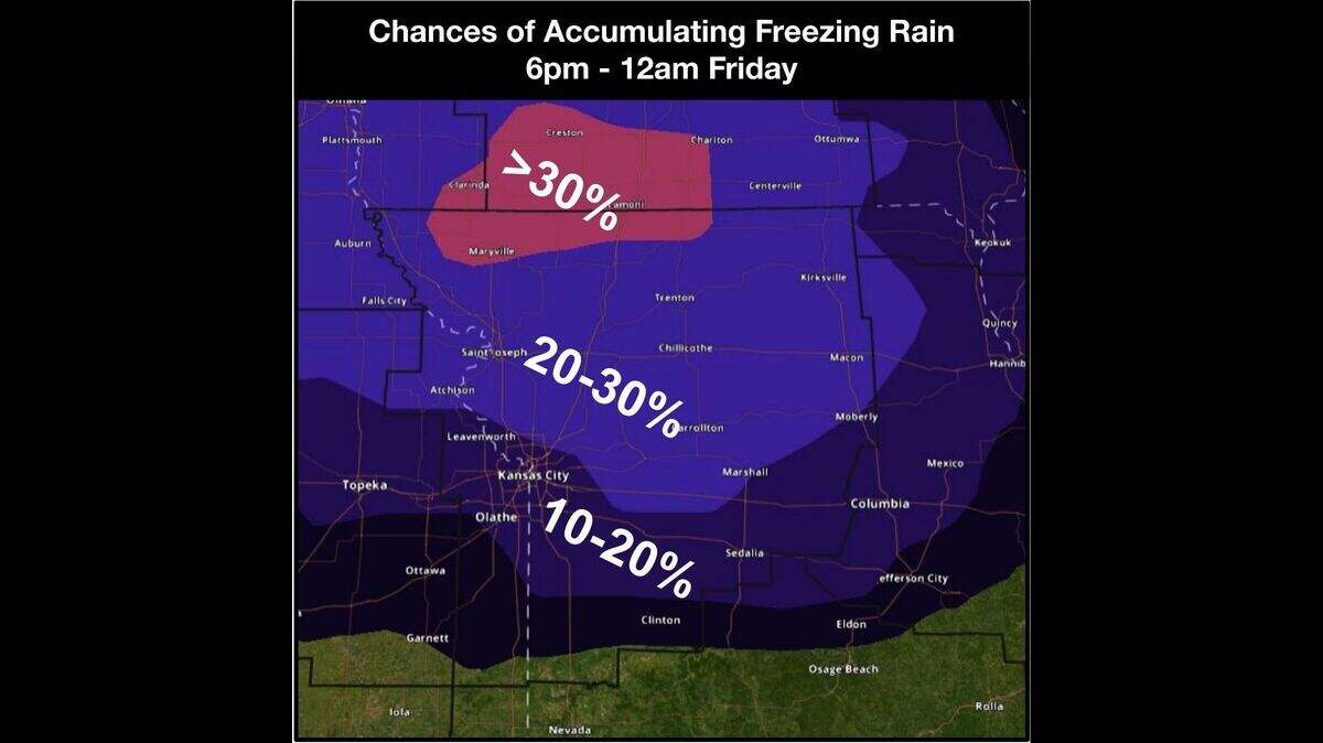 Windy and cold weather is expected across the Kansas City area on Wednesday. There is a small chance of freezing drizzle in the region on Friday, the National Weather Service said. Areas across northern Missouri are at the greatest risk of seeing a light icing.
