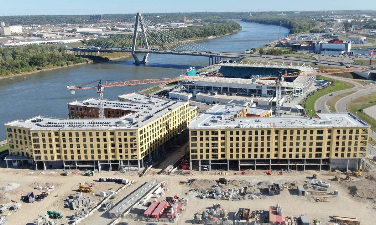 Phase I of a multi-phased project known as the Berkley Riverfront Mixed-Use District is under construction led by the ownership of the Kansas City Current (who own CPKC Stadium) in partnership with Port KC and Marquee Development in Berkley Riverfront Park on Tuesday, October 21, 20225, in Kansas City. 