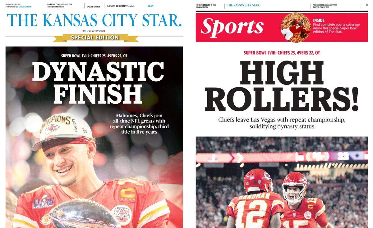 Here’s a look at The Kansas City Star’s print covers for the Tuesday, Feb. 13, 2024 edition after the Chiefs’ latest Super Bowl championship.