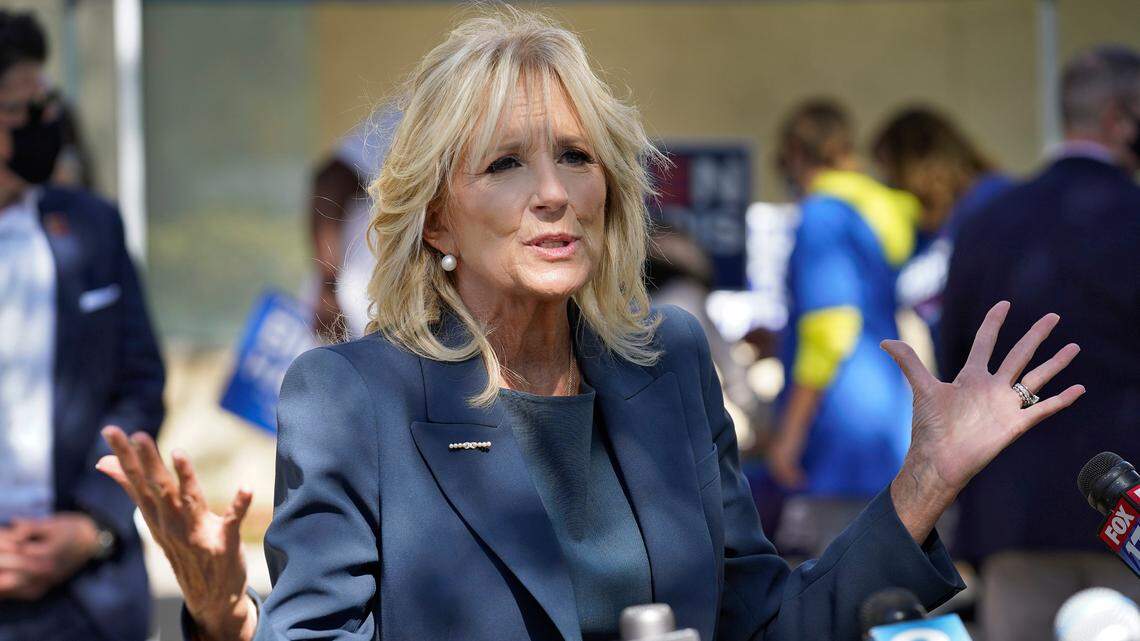 Jill Biden on Nov. 3, 2020, in St. Petersburg, Fla. Biden will visit Kansas City on Thursday. (AP Photo/Chris O’Meara)