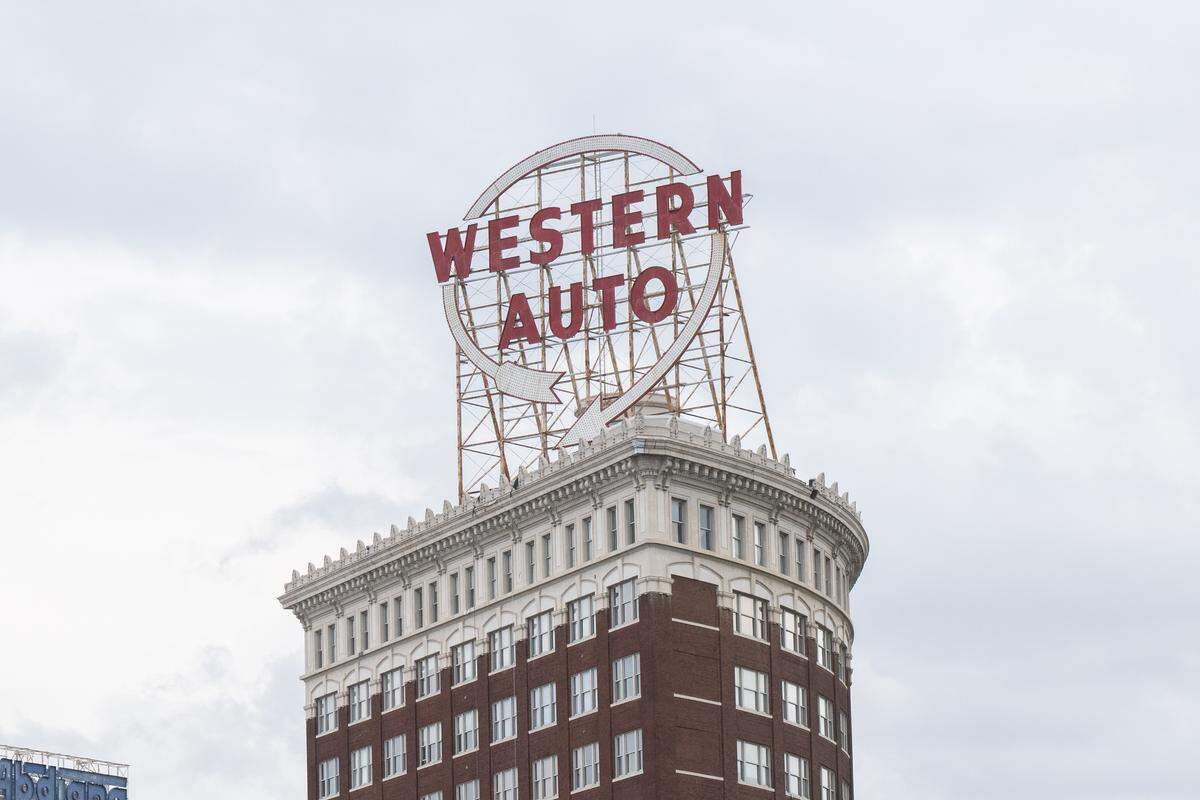 Kansas City’s iconic Western Auto sign, pictured here in August 2025, has been unlit for months.
