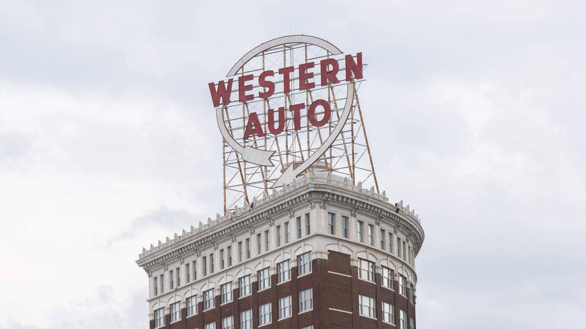 Kansas City’s iconic Western Auto sign, pictured here in August 2025, has been unlit for months.