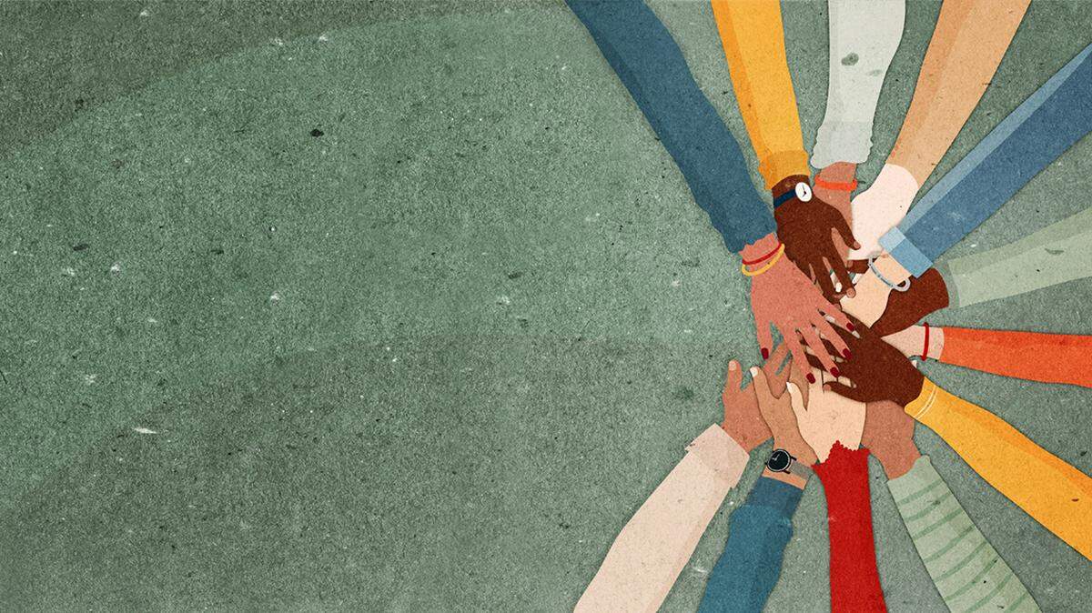 Group of arms and hands in a circle of multiethnic diverse people.People of different cultures. Cooperation trust help and support.Agreement between colleagues.Diversity people.Community