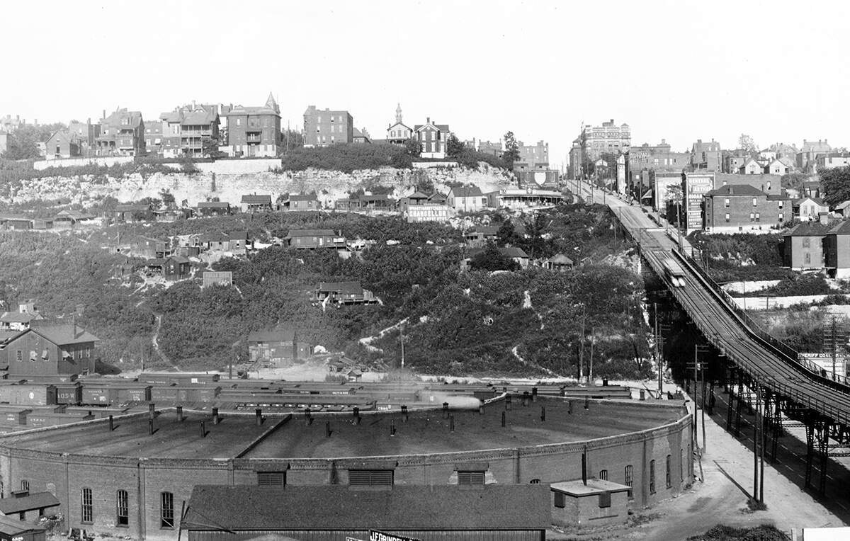 View facing east near the 12th Street Incline and showing pathways connecting the residences on the hillside down to Bluff Street, 1900.