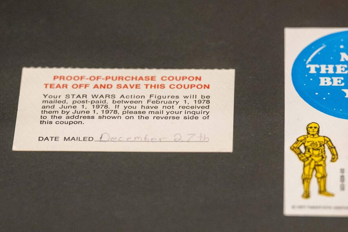 An original proof of purchase coupon to purchase the original Kenner Toys Star Wars toys, on display at the National Museum of Toys and MiniaturesKansas City. When the original Star Wars movies released, there were no toys available, but people could get this coupon that they could then take to the store to purchase the toys when they were finally available for sale a year later.