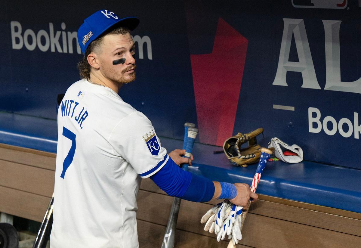 Kansas City Royals shortstop Bobby Witt Jr. (7) in the dugout after the Yankees defeated the Royals 3-1 in Game 4 of the American League Division Series on Thursday, Oct. 10, 2024, at Kauffman Stadium.