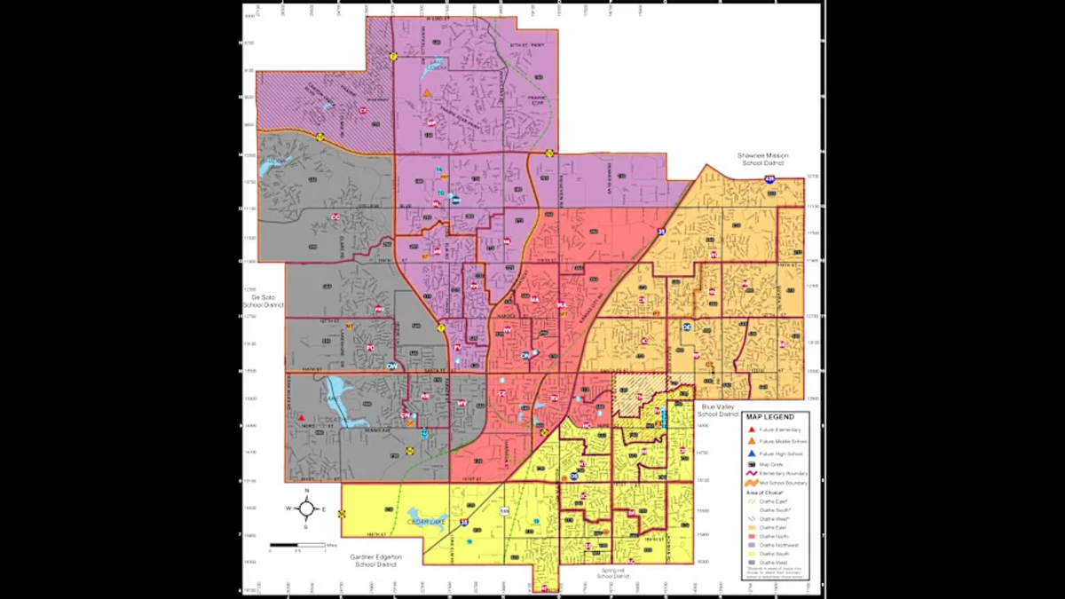 A map shows the Olathe Public Schools boundary lines for schools in the district. Over the next few years, three to four schools are anticipated to close, forcing new boundary lines to be drawn.
