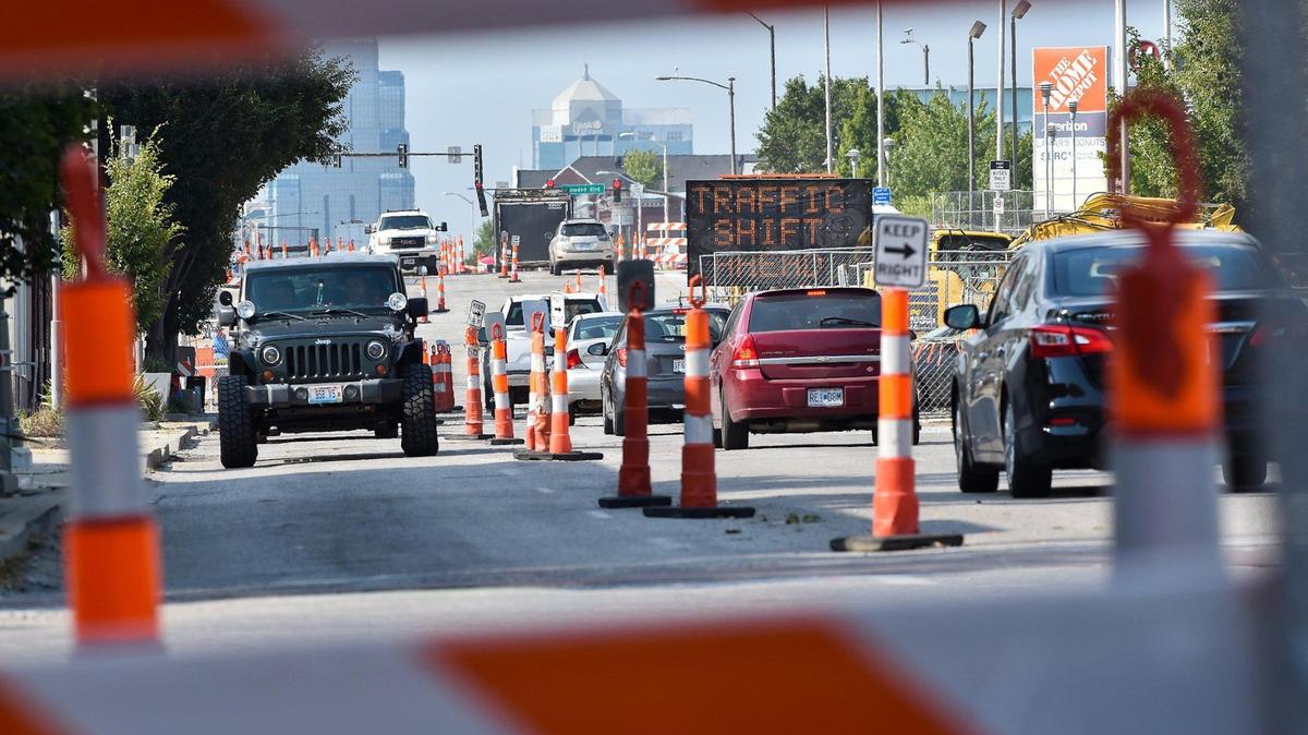 Orange cones and barricades clutter the length of Main Street between Linwood Boulevard and Armour Boulevard in July 2021.