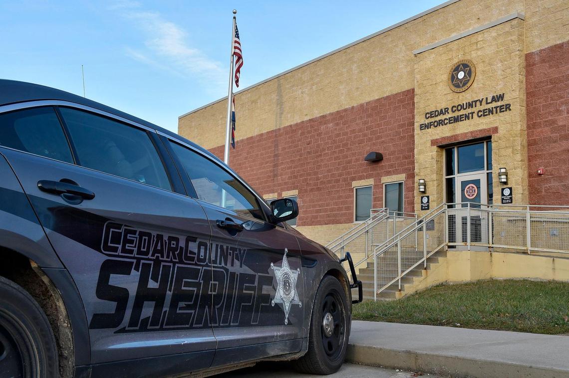A department vehicle is parked outside the Cedar County Sheriff’s Office in Stockton, Missouri.