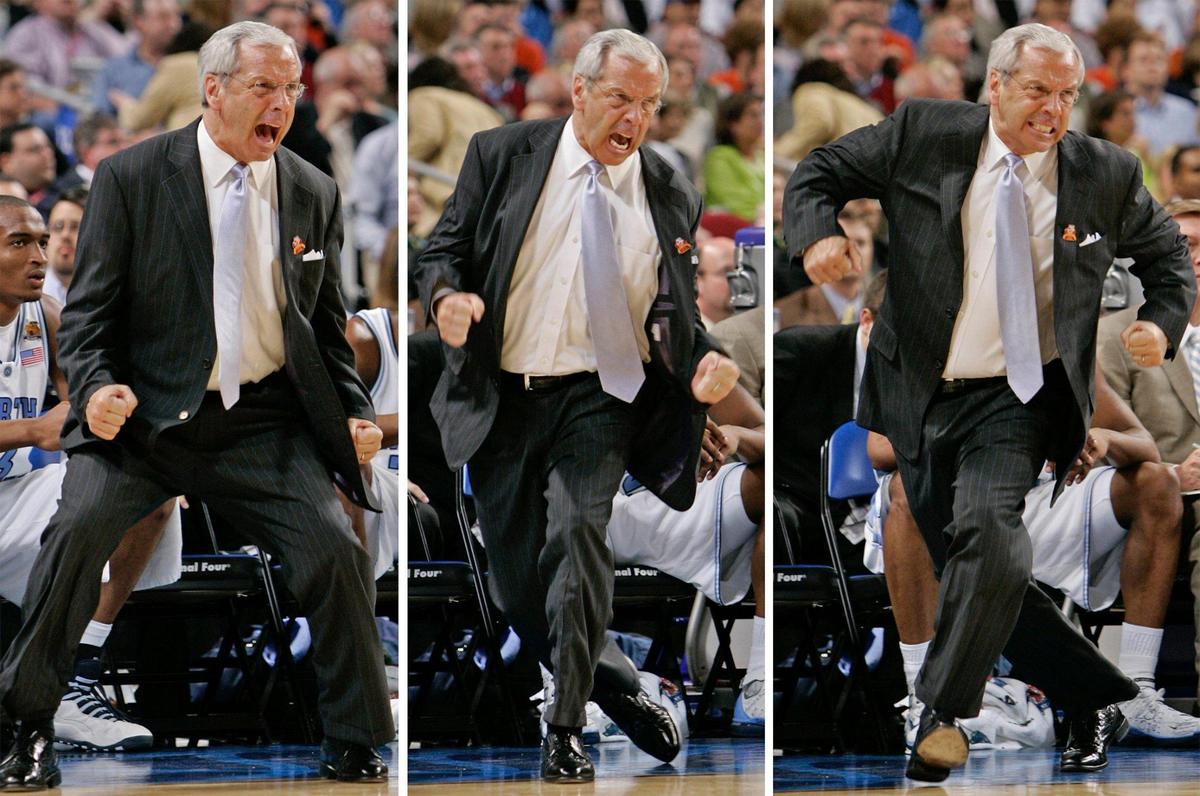 North Carolina head coach Roy Williams reacts during play against Michigan State in the first half of their semifinal game at the Final Four on Saturday, April 2, 2005, at the Edward Jones Dome in St. Louis.