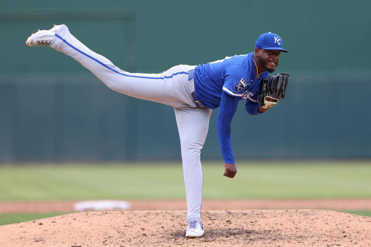 Luinder Avila #58 of the Kansas City Royals pitches against the Athletics during the bottom of the ninth inning at Sutter Health Park on September 28, 2025 in Sacramento, California.