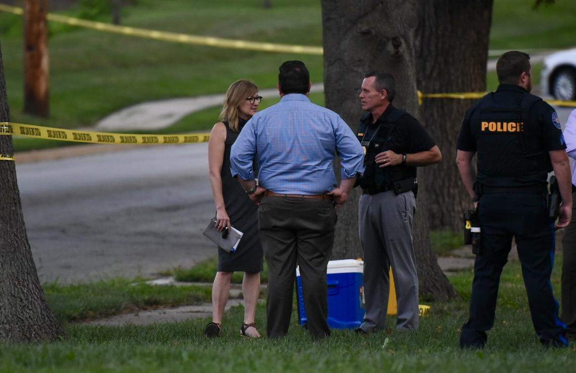 Jackson County Prosecutor Jean Peters Baker speaks with Blue Springs Police Chief Bob Muenz at the scene of a fatal shooting by police on Aug. 23 near Northeast Sunnyside School Road and Northeast R D Mize Road.