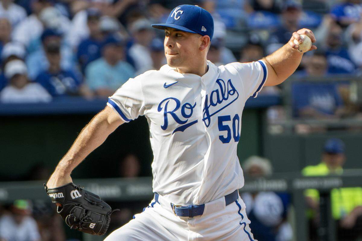 Kansas City Royals pitcher Kris Bubic (50) throws a pitch in the fifth inning during the home opener game against the Minnesota Twins at Kauffman Stadium on Monday, March 30, 2026, in Kansas City.