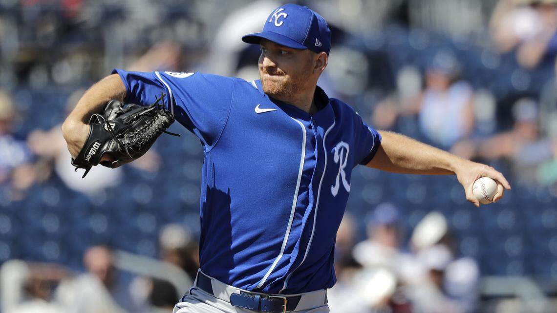 Kansas City Royals starting pitcher Mike Montgomery throws against the San Diego Padres in the first inning during a spring training baseball game Wednesday, March 4, 2020, in Peoria, Ariz. (AP Photo/Elaine Thompson)