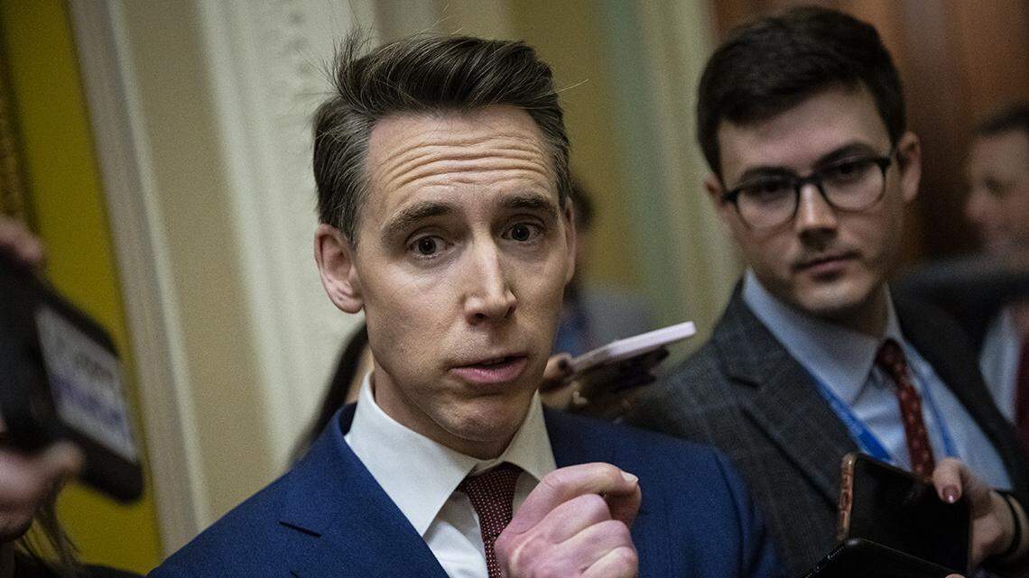 Senator Josh Hawley (R-MO) speaks to media, after Republican Senate Leader McConnell announced his intentions to retire as Republican Leader after the November elections, at the U.S. Capitol, in Washington, D.C., on Wednesday, February 28, 2024. (Graeme Sloan/Sipa USA)