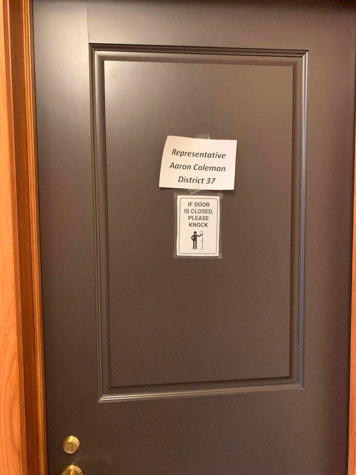The sign on the office door of Kansas Rep. Aaron Coleman.