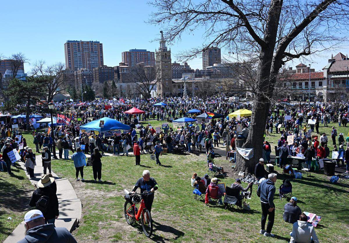 Protesters gathered in Mill Creek Park near the Country Club Plaza on Saturday, March 28, 2026, for a No Kings protest against the Trump administration. It's the third round of No Kings protests that have swept the nation over the past year.