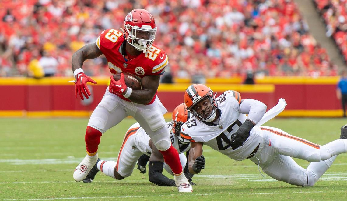 Kansas City Chiefs running back La’Mical Perine (29) runs for a touchdown against the Cleveland Browns during an NFL preseason football game on Saturday, Aug. 26, 2023, in Kansas City.
