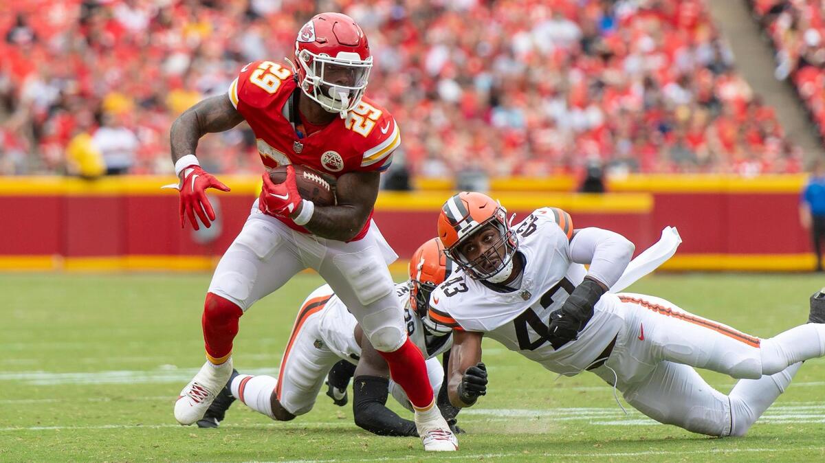Kansas City Chiefs running back La’Mical Perine (29) runs for a touchdown against the Cleveland Browns during an NFL preseason football game on Saturday, Aug. 26, 2023, in Kansas City.