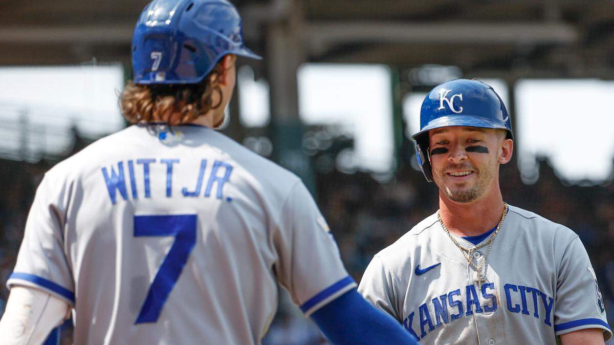 Kansas City Royals center fielder Drew Waters (6) smiles after scoring against the Chicago Cubs during the third inning at Wrigley Field on Aug. 18, 2023.