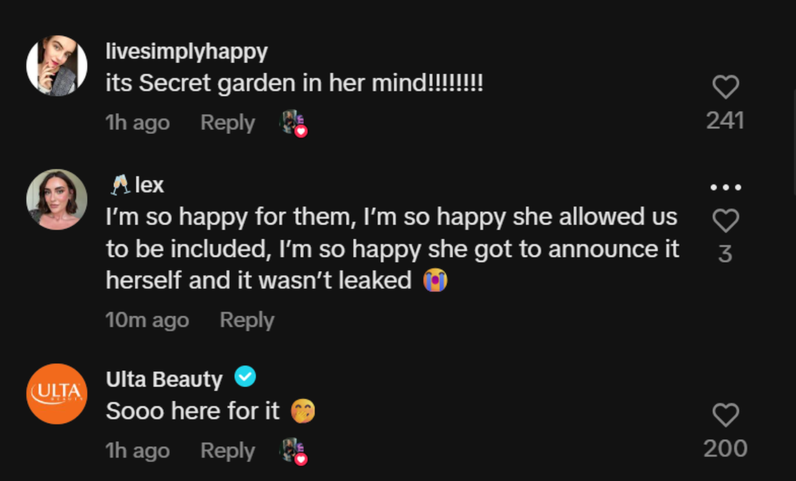Fans on TikTok react to Taylor and Tavis getting engaged Tuesday afternoon. Screengrab of a fan’s TikTok video comment section.