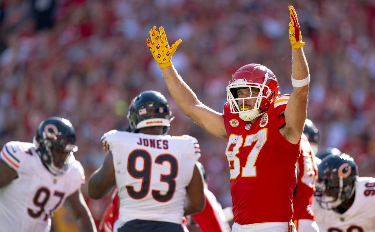 Kansas City Chiefs tight end Travis Kelce (87) celebrates a touchdown during an NFL football game against the Chicago Bears at GEHA Field at Arrowhead Stadium on Sunday, Sept. 24, 2023, in Kansas City.
