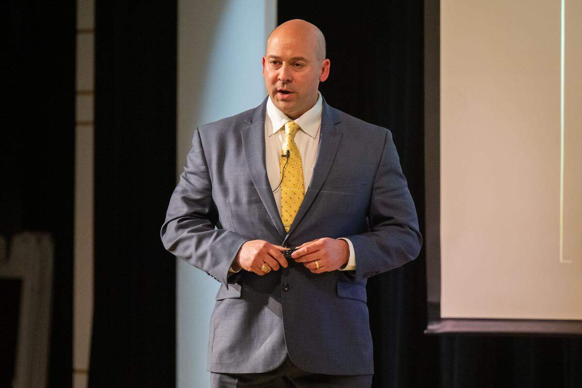 Michael Mire, a candidate for KCFD Chief, responds to a question during a public forum at the Truman Forum Auditorium at the Kansas City Public Library, on Thursday, December 4, 2025. Candidates answered questions separately about how they would approach the position.