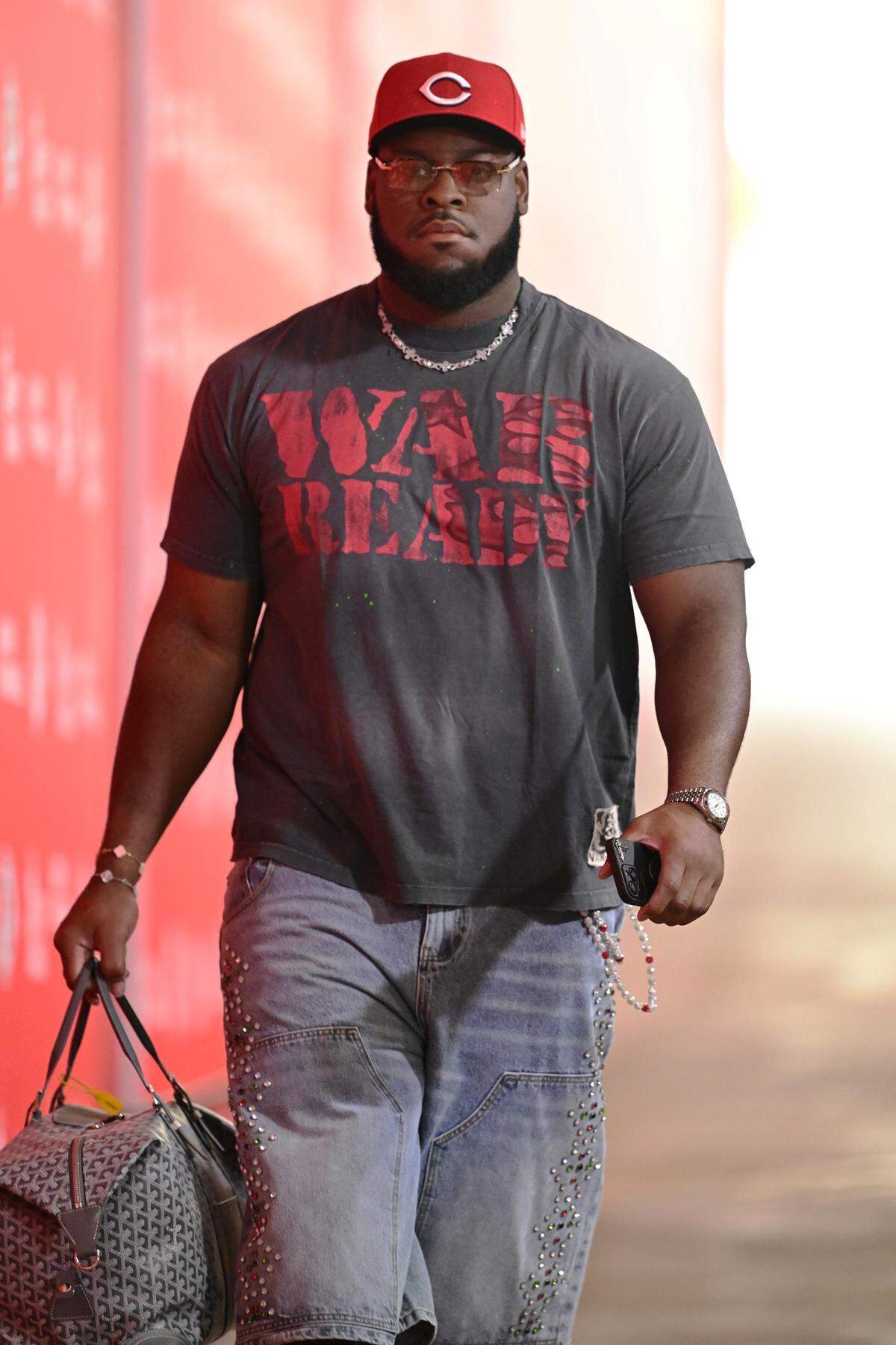 Kansas City Chiefs guard Trey Smith arrives before playing the Philadelphia Eagles on Sunday, Sept. 14, 2025, at GEHA Field at Arrowhead Stadium.