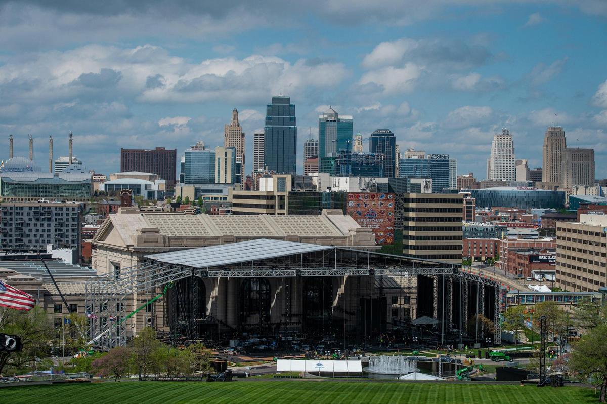 The stage for the NFL Draft, shown here while under construction, covers most of the parking lot in front of Union Station.
