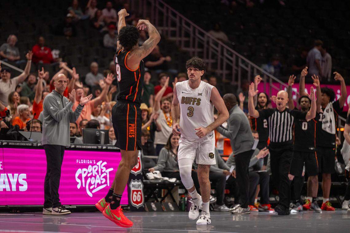 Oklahoma State Cowboys guard Anthony Roy (9) celebrates after making a three point shot in the first half of the Oklahoma State Cowboys first round game vs. the Colorado Buffaloes in the Big 12 Men's Basketball Tournament, on Tuesday, March 10, 2026, at T-Mobile Center.