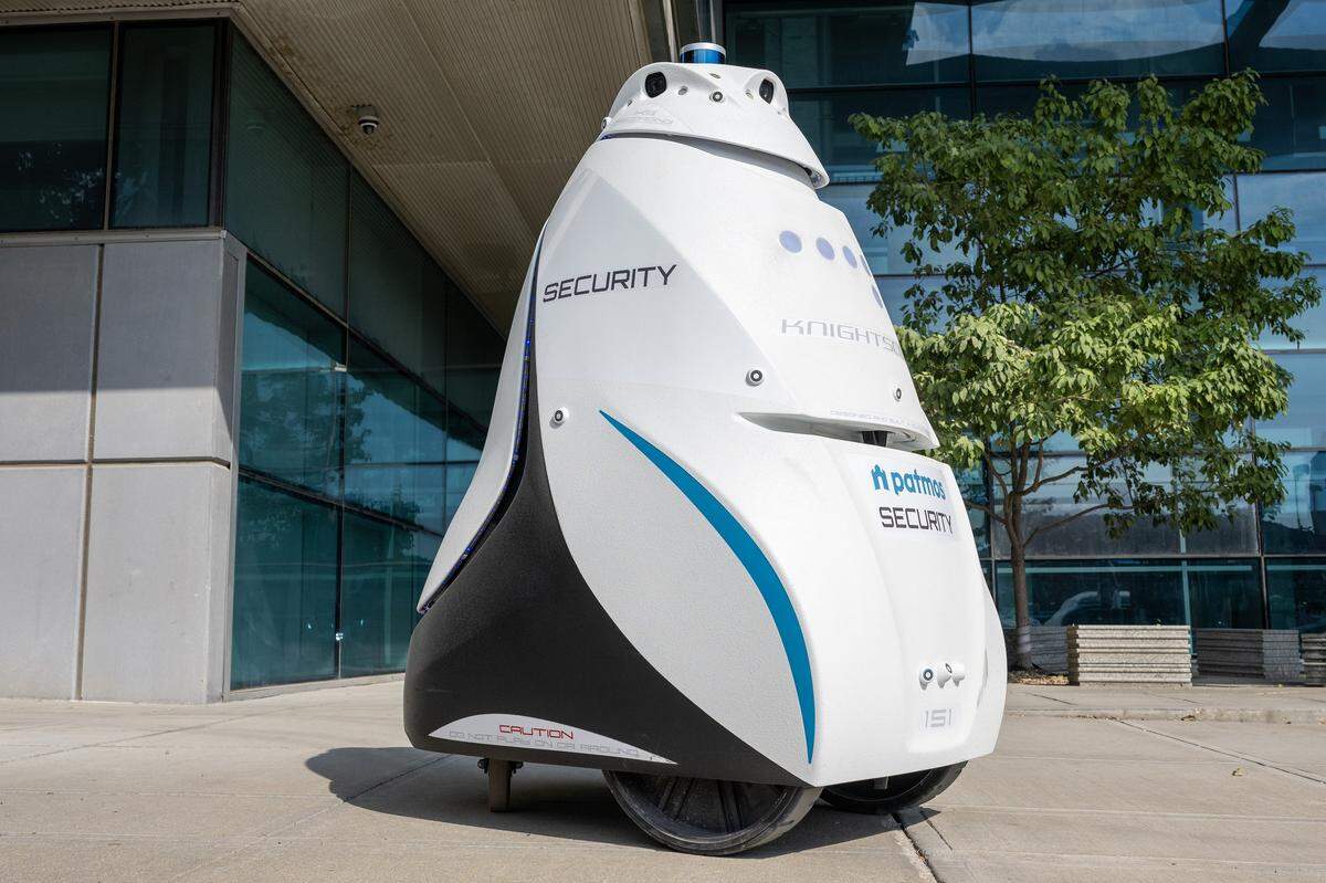 A security robot named Lance patrols outside Patmos' headquarters at the former Kansas City Star building on Wednesday, Sept. 10, 2025, in Kansas City. Lance is part of Patmos' efforts to enhance safety downtown.