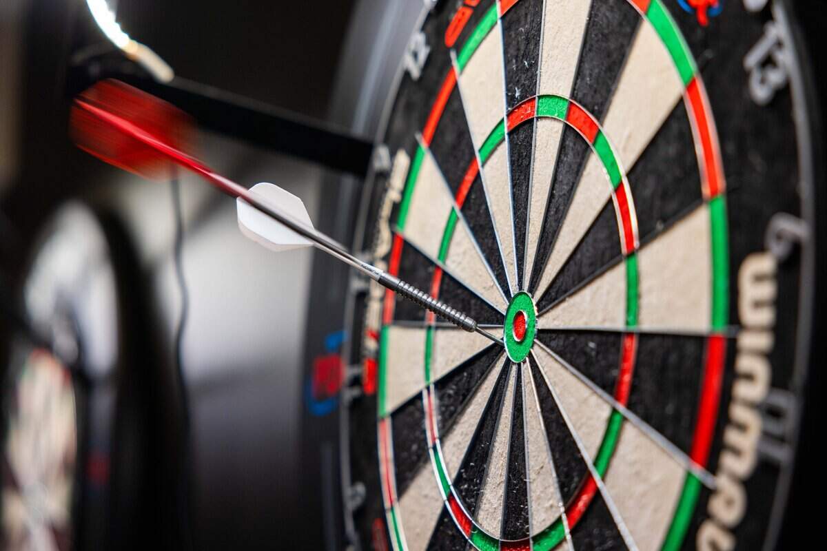 A dartboard inside the home of professional darts player Jules van Dongen on Saturday, June 13, 2026.