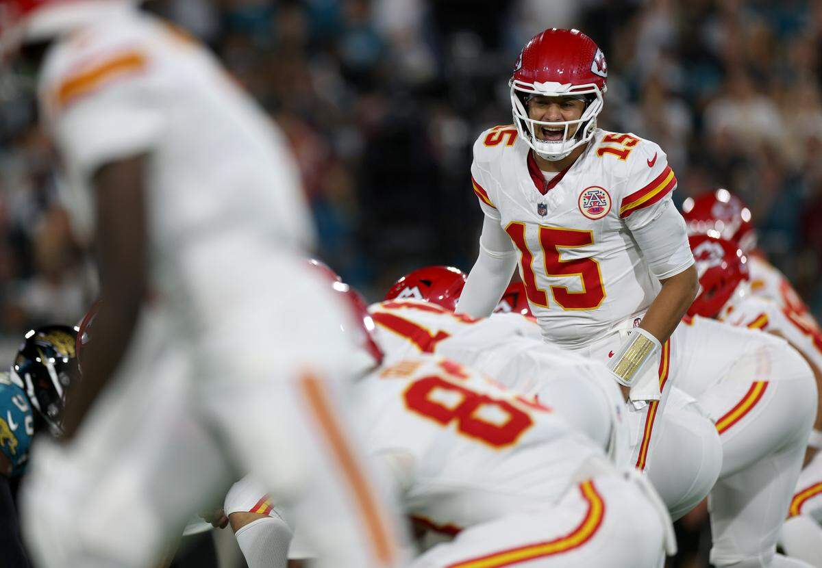 Kansas City Chiefs quarterback Patrick Mahomes gets his team set during an NFL game against the Jacksonville Jaguars at EverBank Stadium in Jacksonville, Florida on Monday, Oct. 6, 2025.