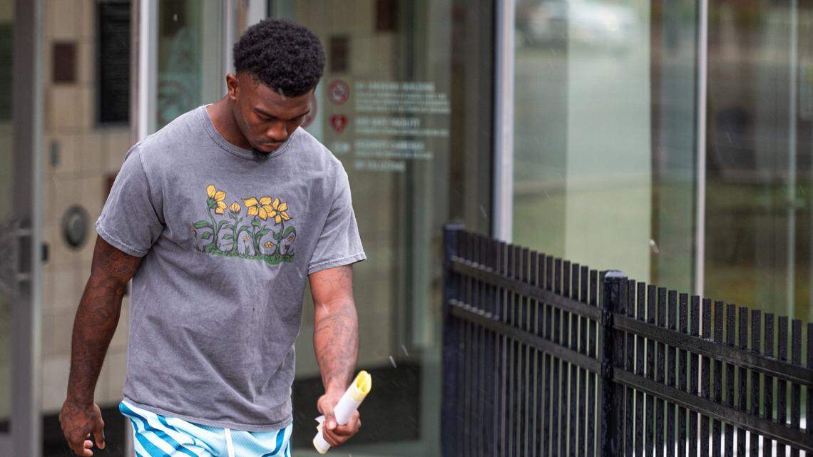Kansas City Chiefs receiver Justyn Ross exits the Johnson County Jail on Oct. 24, 2023, in Olathe. Ross was arrested on Oct. 23 and charged with one count of domestic battery with no priors and one count of criminal damage to property totaling less that $1,000.