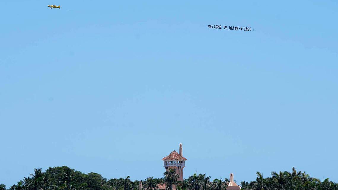 The Democratic National Committee sponsored a sky banner that was flown near Mar-a-Lago Club reading “Welcome to Qatar-a-Lago” on May 14.
