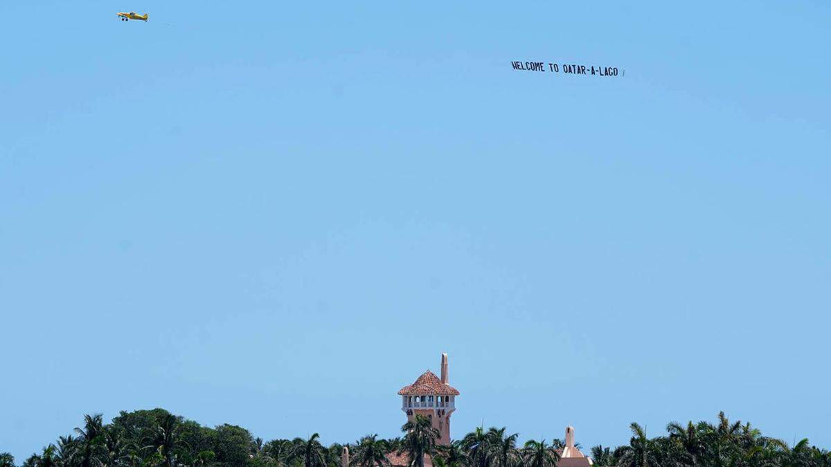 The Democratic National Committee sponsored a sky banner that was flown near Mar-a-Lago Club reading “Welcome to Qatar-a-Lago” on May 14.