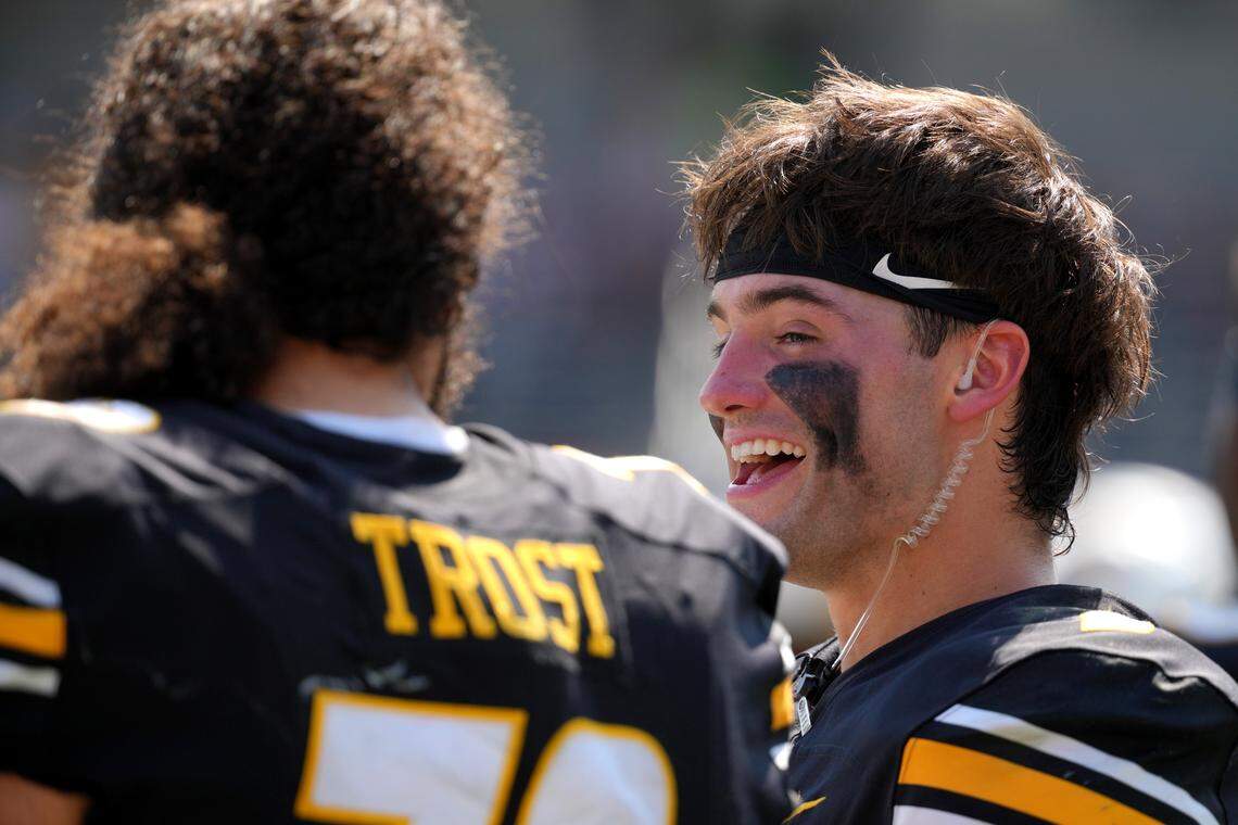 Quarterback Beau Pribula #9 of the Missouri Tigers talks with offensive lineman Keagen Trost #79 in the second half against the Louisiana Ragin’ Cajuns at Faurot Field at Memorial Stadium on September 13, 2025 in Columbia.