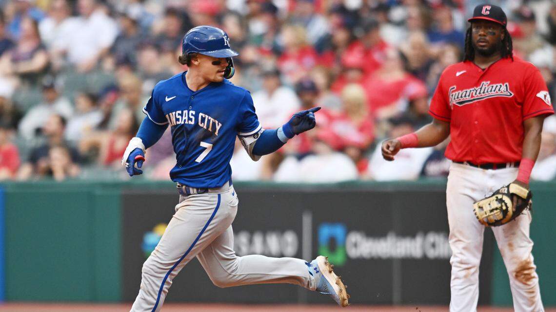 Kansas City Royals shortstop Bobby Witt Jr. (7) rounds the bases after hitting a home run as Cleveland Guardians first baseman Josh Bell (55) looks on during the seventh inning at Progressive Field on July 8, 2023.