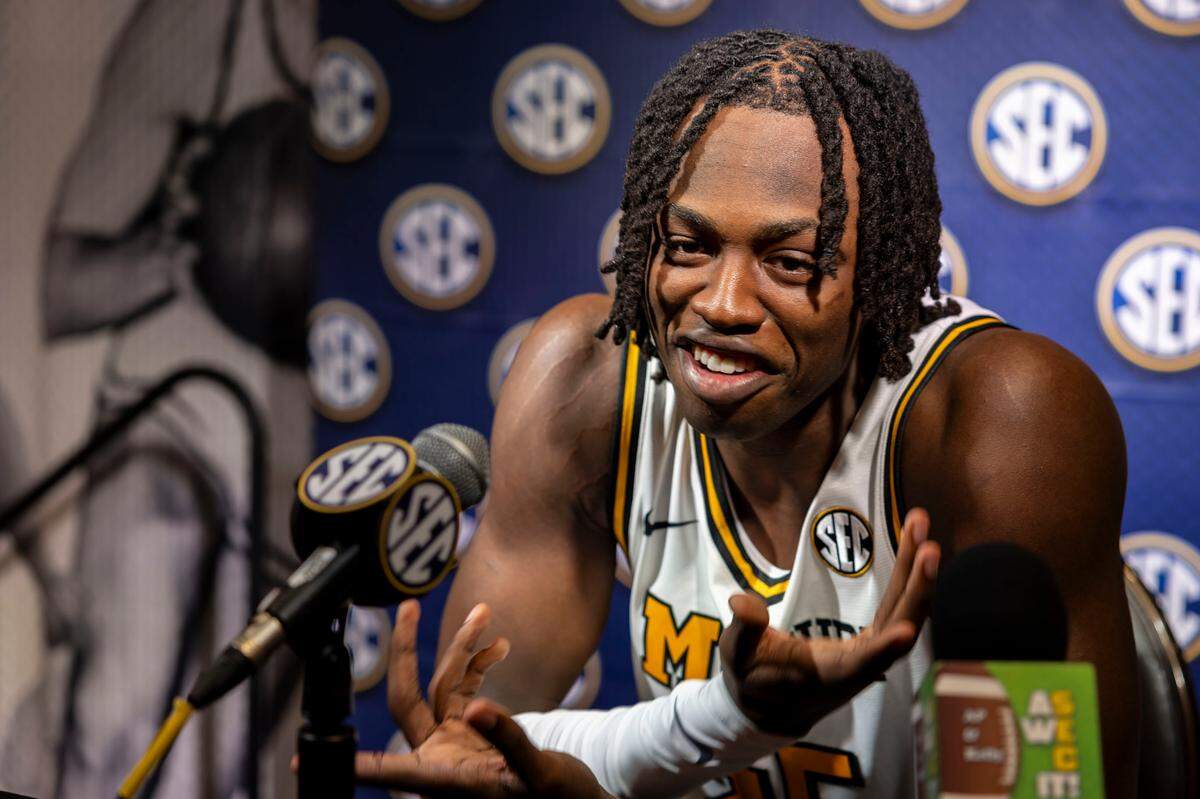 Missouri Tigers guard Mark Mitchell talks with media members during SEC Media Days at Grand Bohemian Hotel in Birmingham, Alabama, on Oct. 15, 2024.