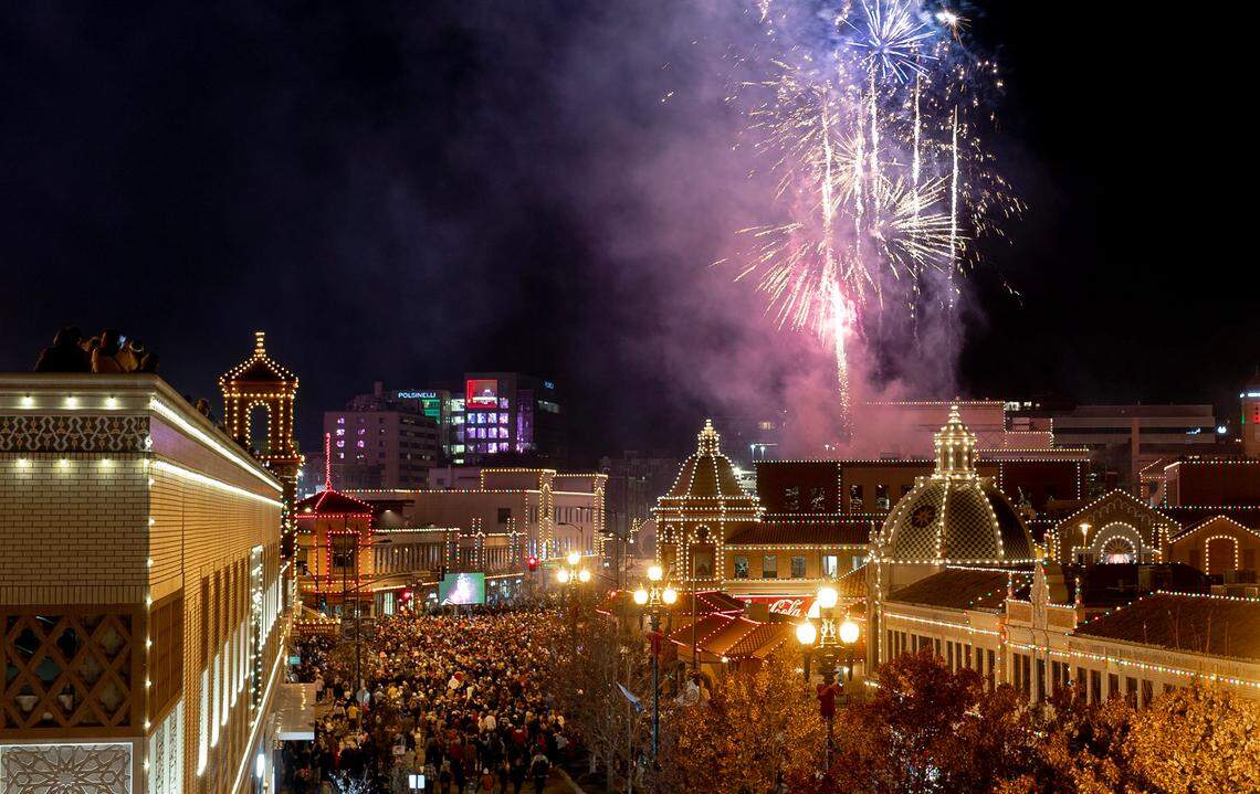 Fireworks light the sky over the Country Club Plaza during the 93rd annual Thanksgiving night lighting ceremony on Thursday, Nov. 24, 2022 in Kansas City.