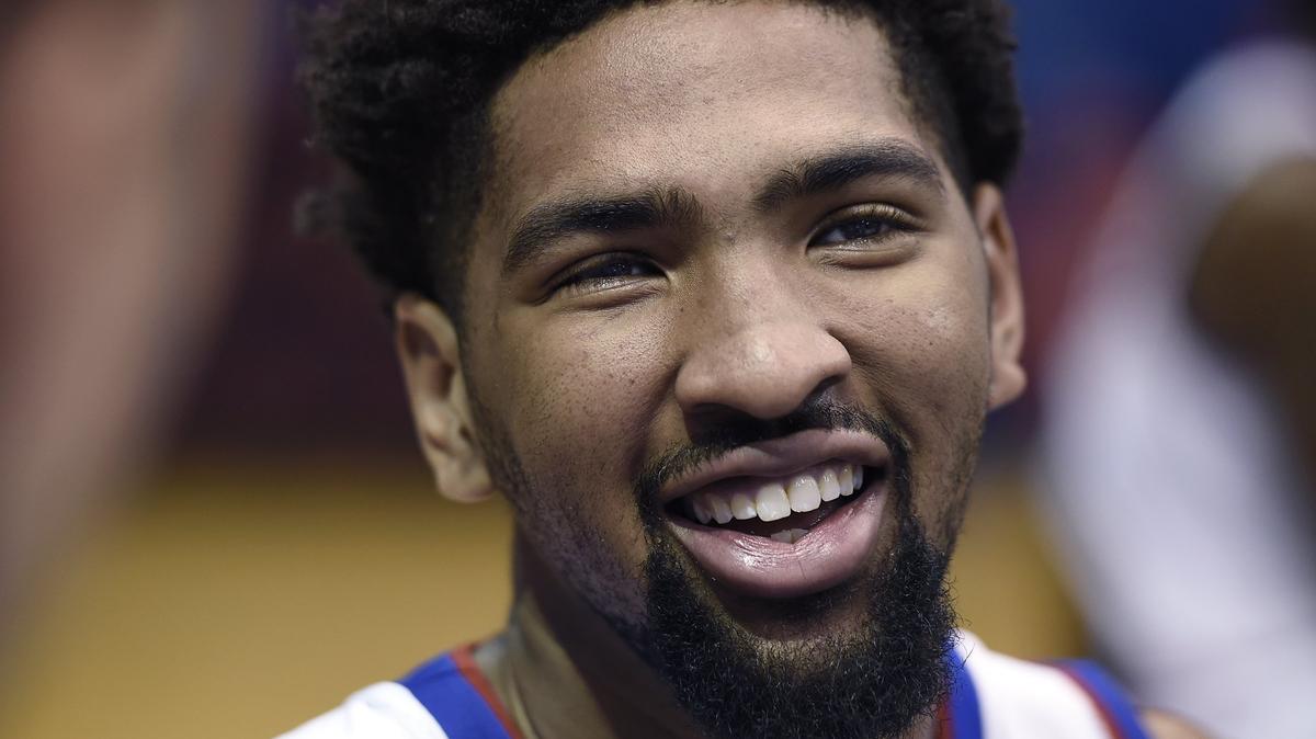 KU junior forward Dedric Lawson spoke with reporters Wednesday during the Jayhawks media day at Allen Fieldhouse.