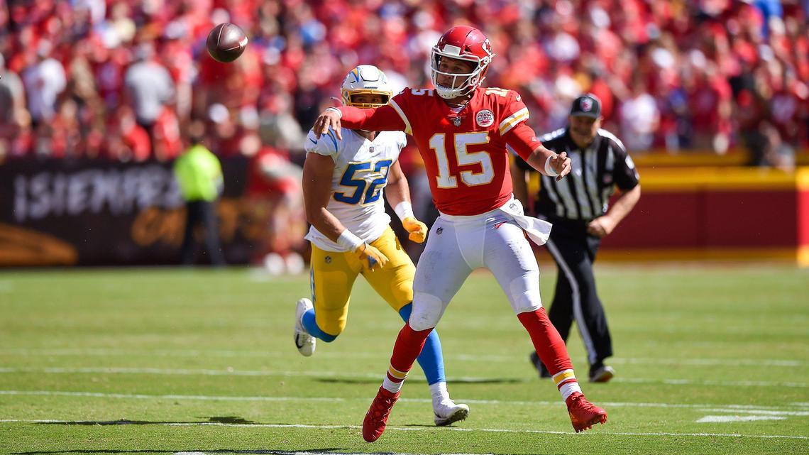 Kansas City Chiefs quarterback Patrick Mahomes throws to wide receiver Tyreek Hill in the third quarter of the Kansas City Chiefs game against the Los Angeles Chargers at GEHA Field at Arrowhead Stadium Sunday, Sept. 26, 2021. The Chargers defeated the Chiefs 30-24.