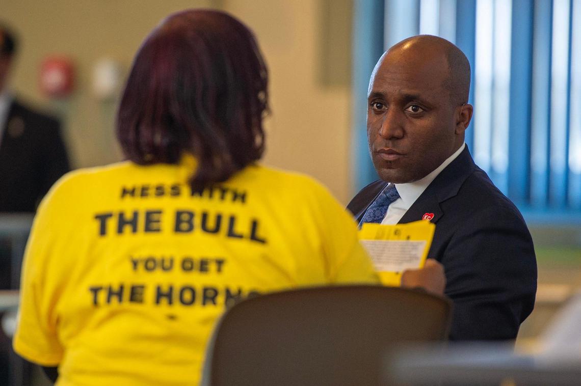 Kansas City Mayor Quinton Lucas answers questions from Val Brookes Davis during the KC Tenants Power Primary Candidate Forum at Mohart Center on Saturday in Kansas City.
