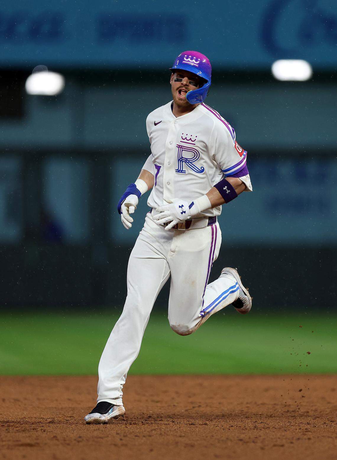 Bobby Witt Jr. #7 of the Kansas City Royals rounds the bases after hitting a home run during the 6th inning of the game against the Los Angeles Angels at Kauffman Stadium on April 26, 2026 in Kansas City, Missouri.